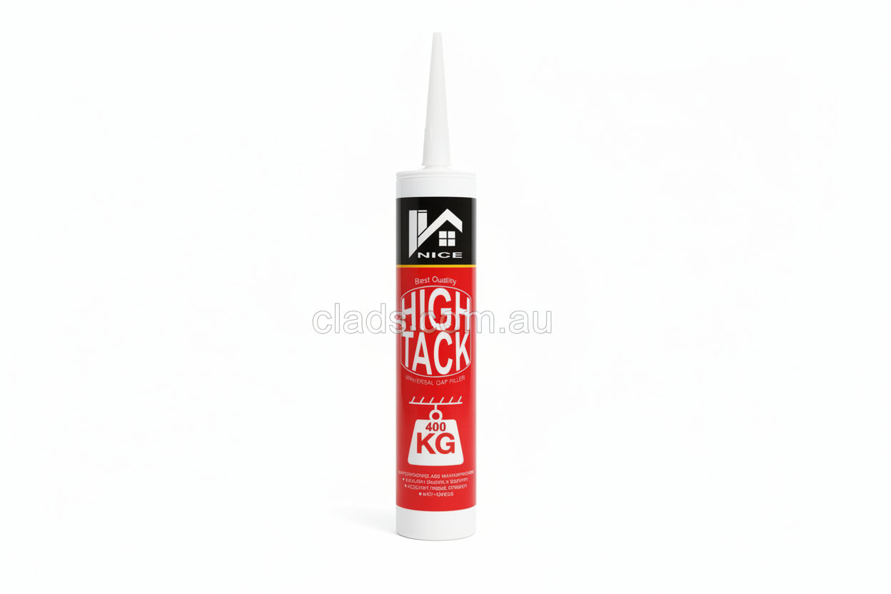 White high-tack adhesive from Cladding Supplies of Australia, shown in a tube with applicator tip for cladding installation.