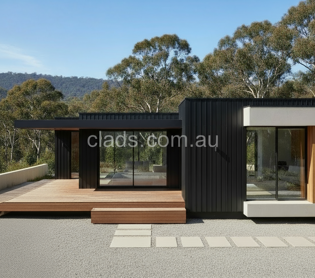 Modern house with black exterior and large windows surrounded by trees and a clear sky