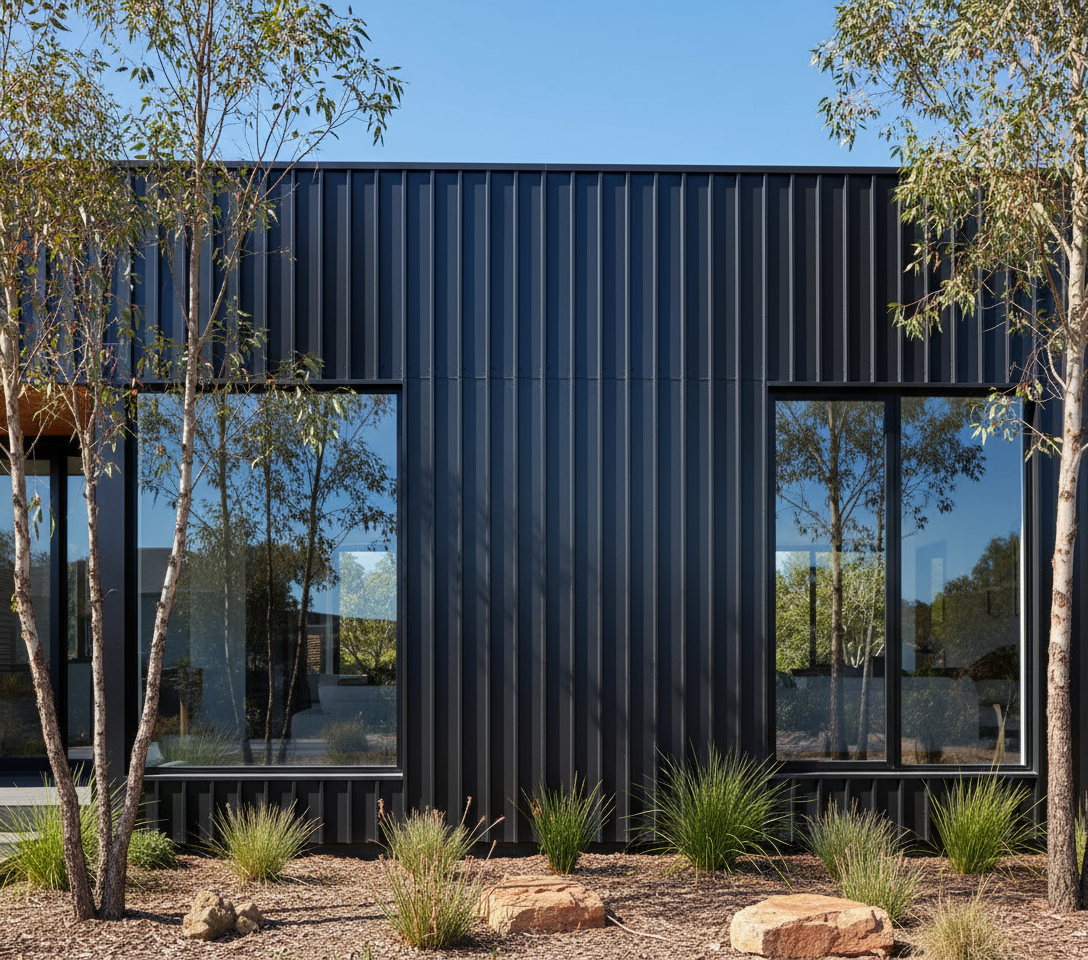 Modern building with dark metal facade and large windows, surrounded by trees and shrubs.