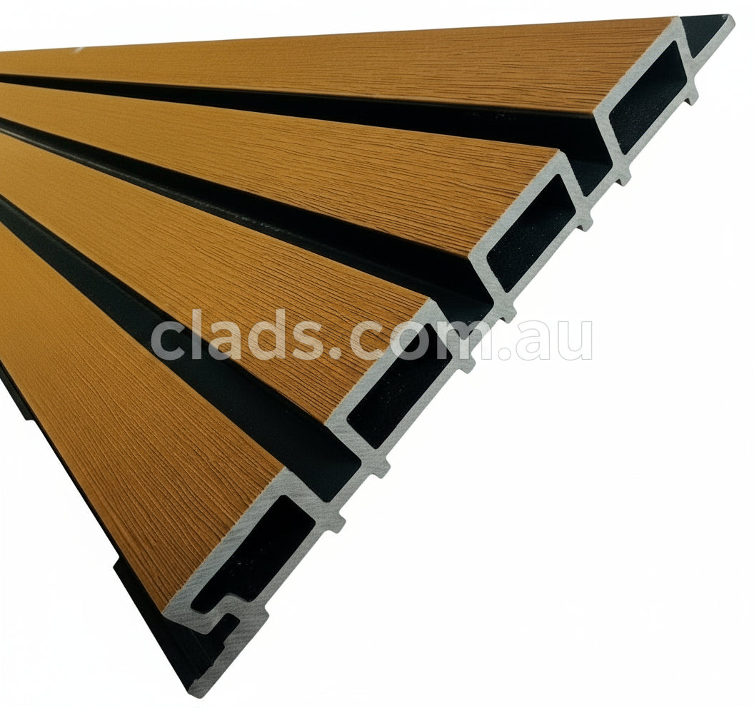 Wooden deck boards with metal frames on a white background