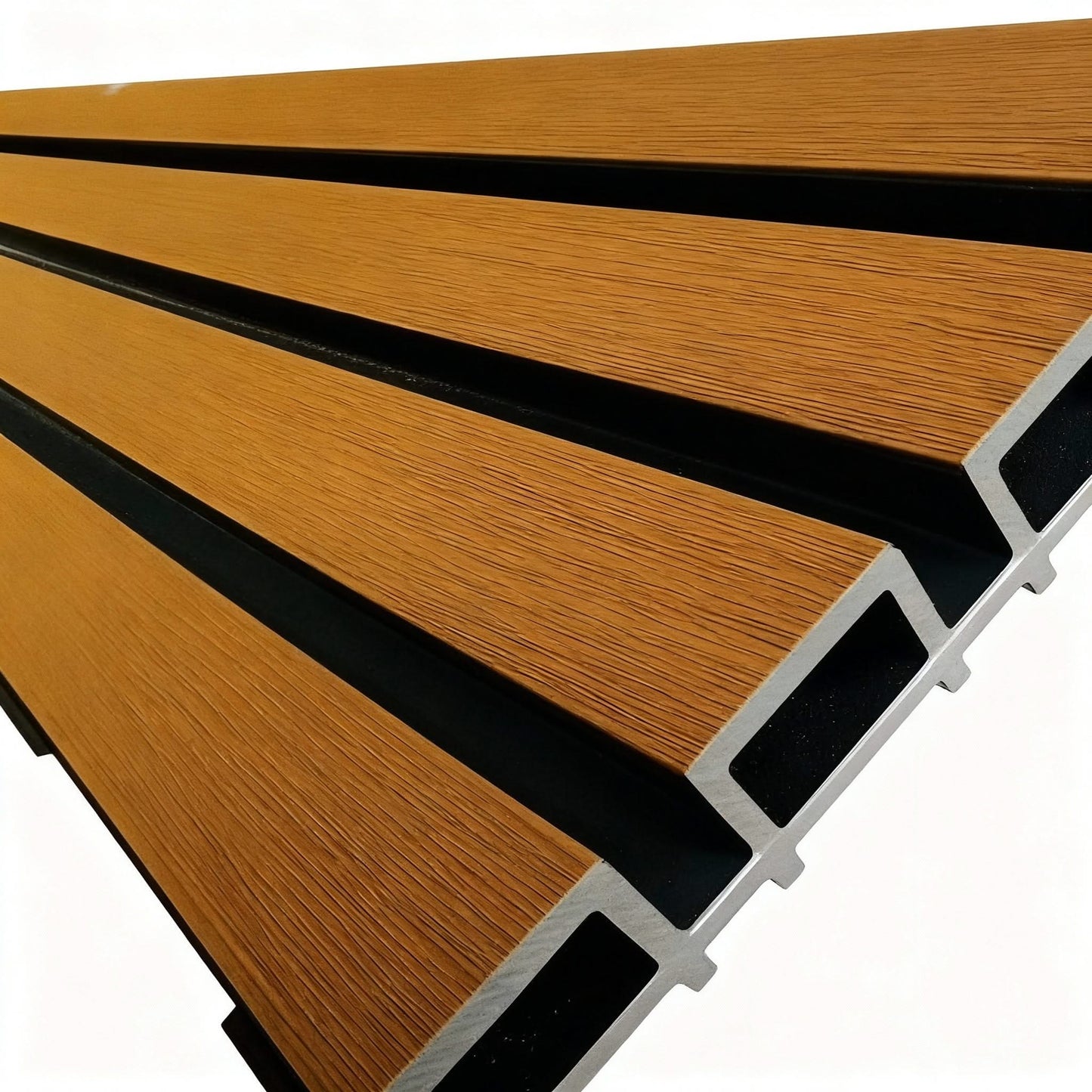 Wooden deck boards with metal frames on a white background