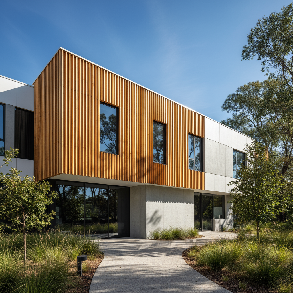 Modern building with wooden facade and glass windows, surrounded by greenery.