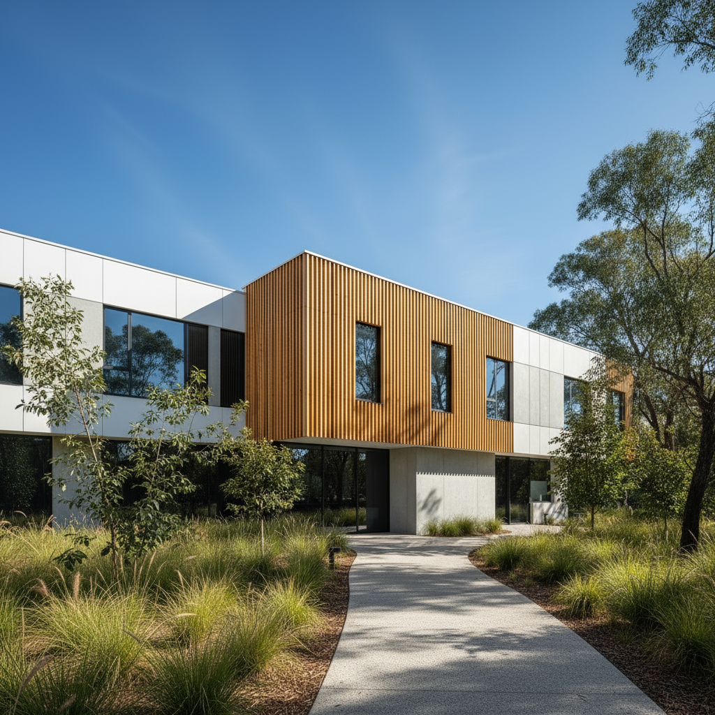 Modern building with wooden facade and glass windows, surrounded by greenery.