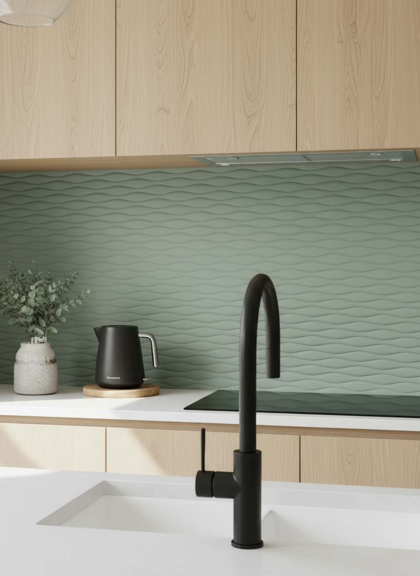 Modern kitchen with black faucet, green backsplash, and wooden cabinets.