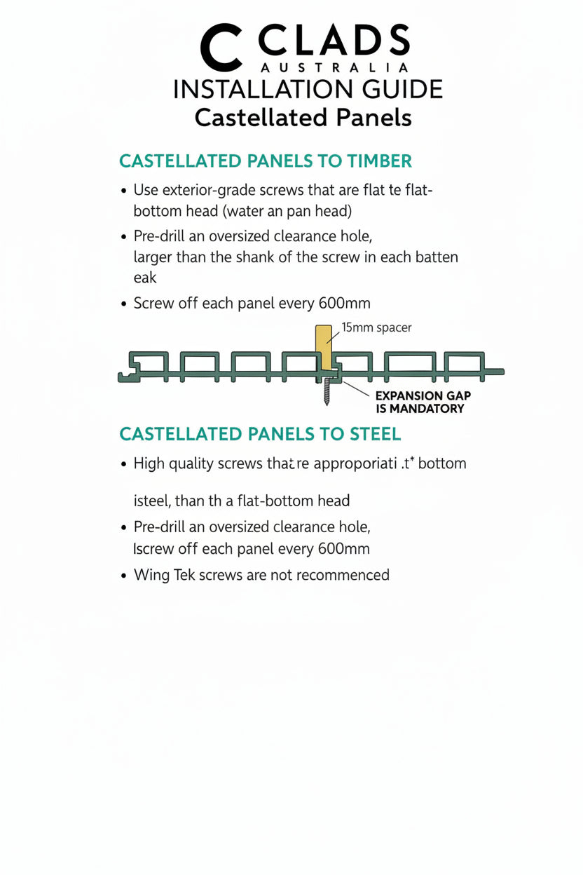 External Cladding in white color with 4 slats by Clads Australia, shown installed on a building exterior in the installation guide image.