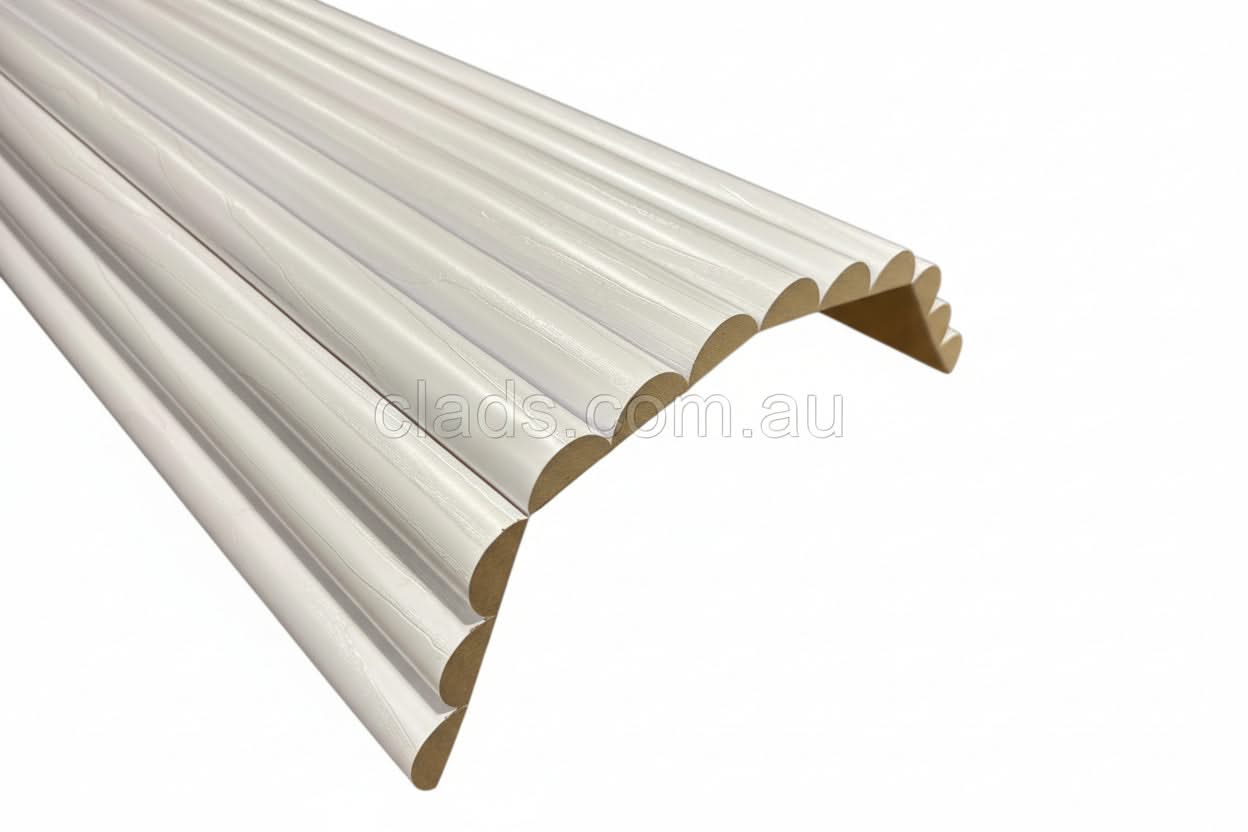 Flexible MDF half round internal cladding in white, 2.7 meters, by Clads Australia, shown in a modern interior setting.