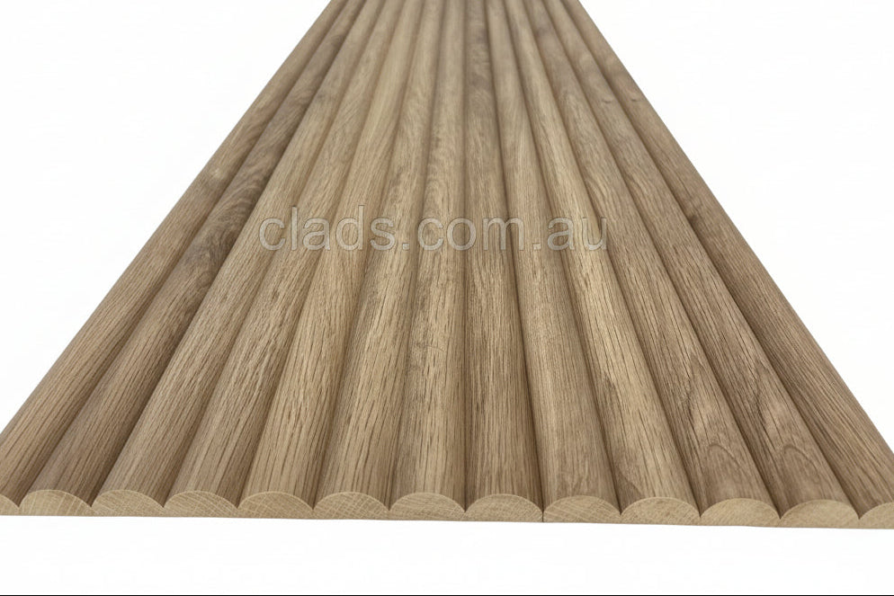 Flexible MDF half-round internal cladding in dark teak finish, 2.7 meters long, by Clads Australia.