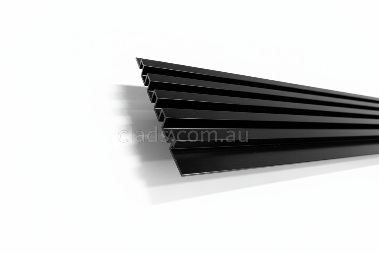 Black 1.9mm thick shadow aluminium cladding for exterior walls, featuring sleek, modern design from Clads.com.au.