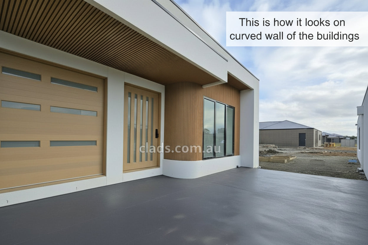 External cladding in light teak finish with four slats, 2.4 meters long, by Clads Australia, showcasing the wooden exterior design.