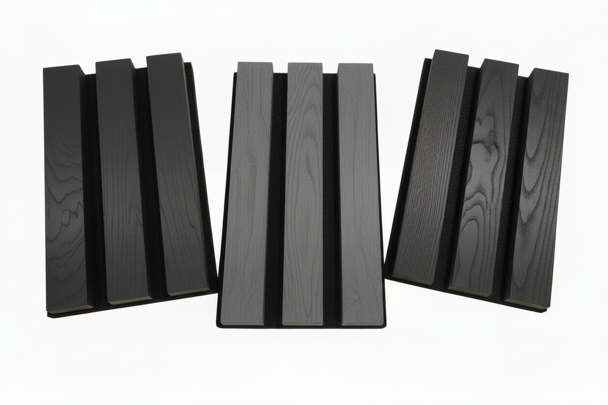 Charcoal-colored acoustic panel used as internal cladding, featuring a textured surface for sound absorption and interior decoration.