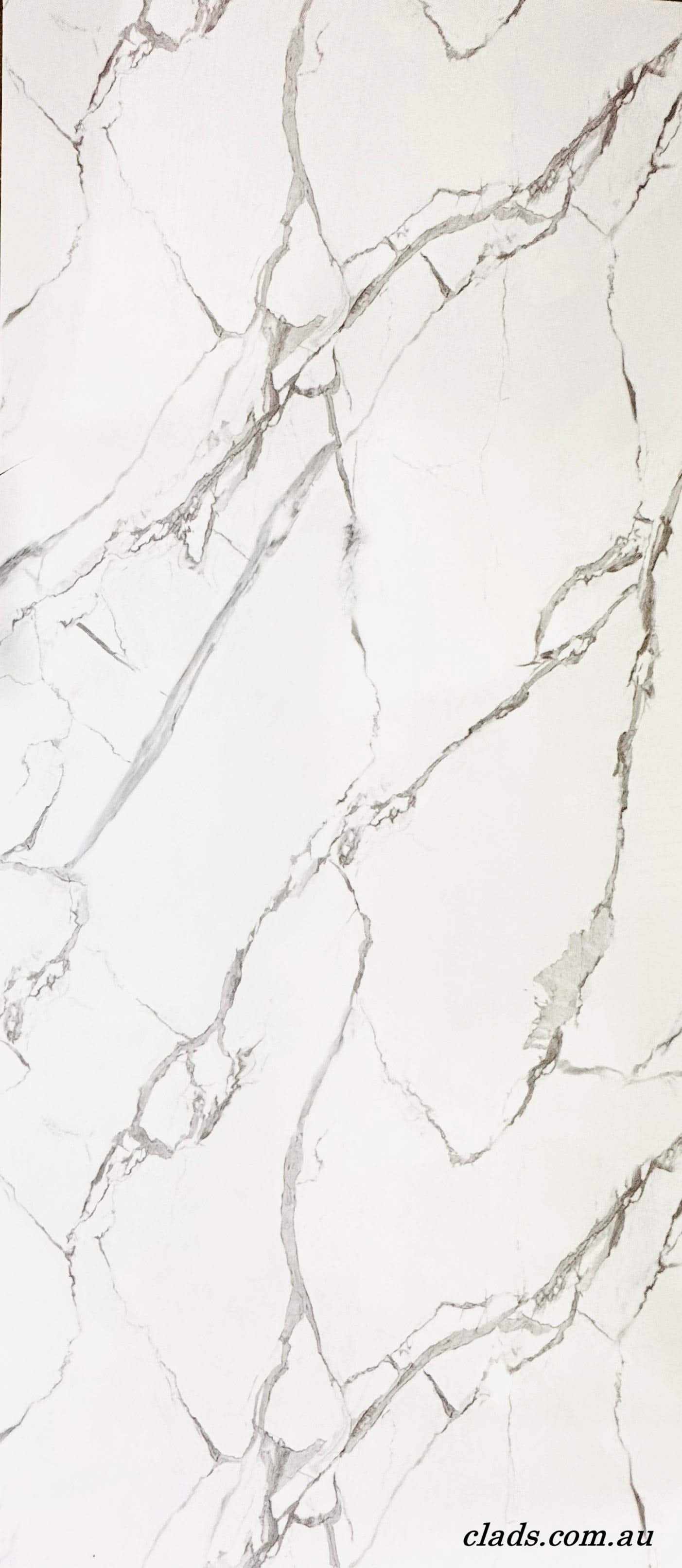 Glossy white marble sheet for internal cladding, 2.7 meters long, by Cladding Supplies of Australia, showcasing a smooth, reflective surface.