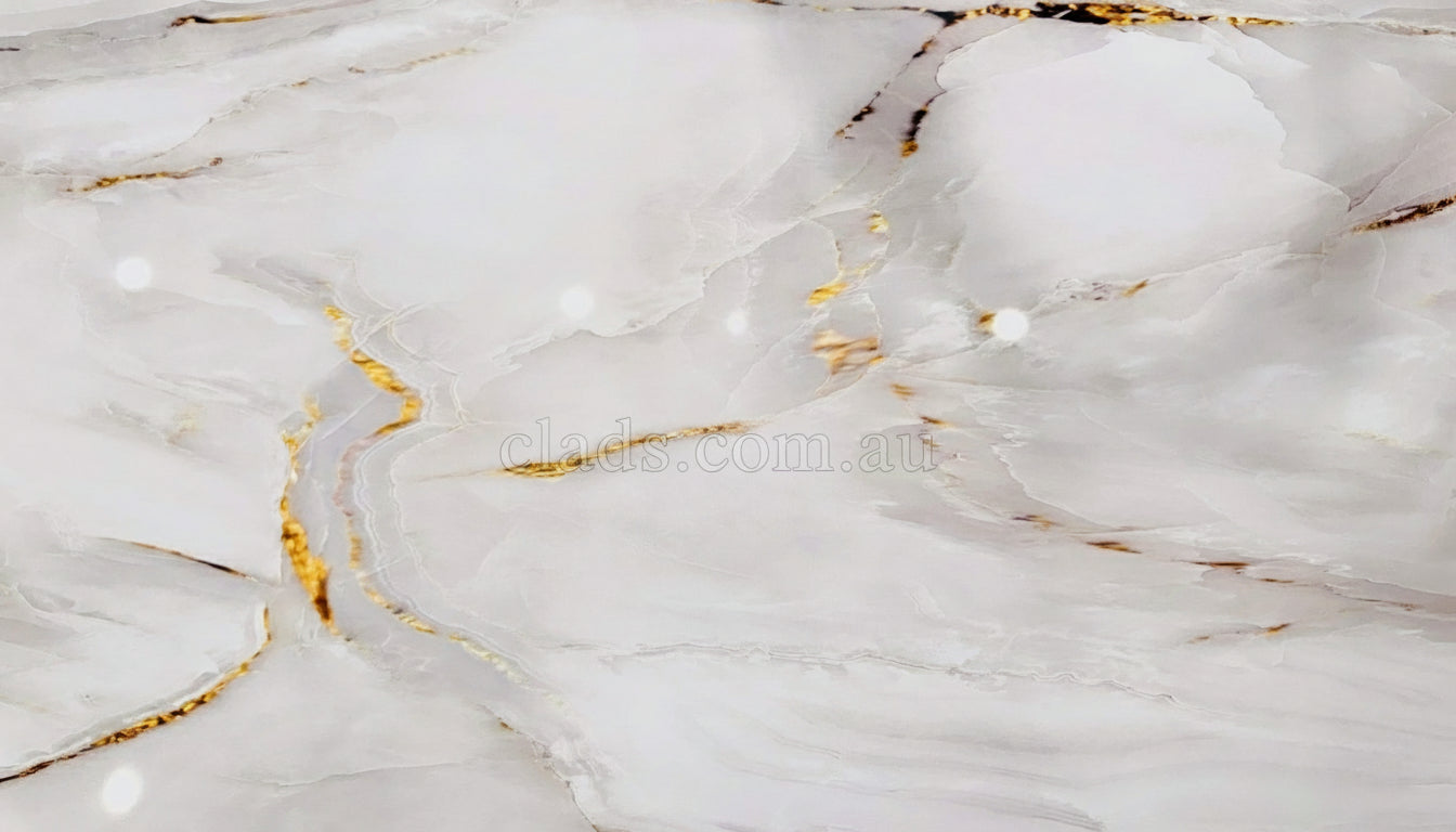 Glossy Oro Gold marble sheet for internal cladding, 2.7 meters, from Cladding Supplies Of Australia, showcasing a luxurious gold and white finish.