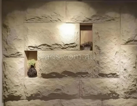Fake Mushroom Stone cladding by Clads Australia, showing textured stone surface with mushroom-shaped pattern for wall decor.