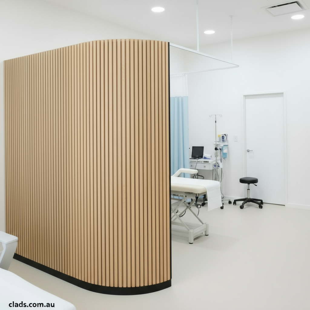 Wooden privacy screen in a medical or office setting