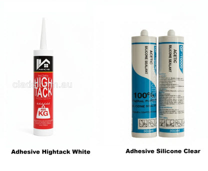 White high-tack adhesive for internal cladding accessories from Cladding Supplies of Australia, shown in a close-up image.