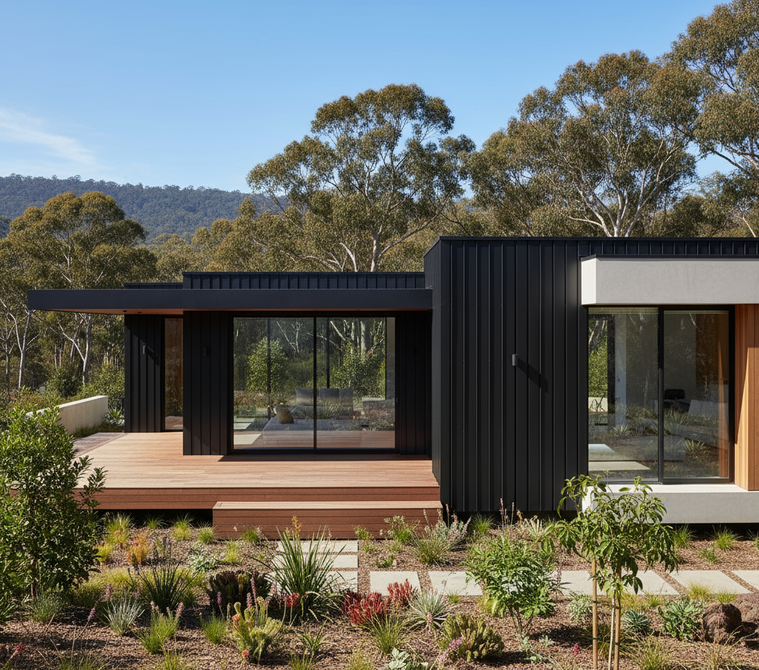 Modern house with black exterior and large windows surrounded by trees and a clear sky