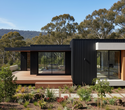 Modern house with black exterior and large windows surrounded by trees and a clear sky