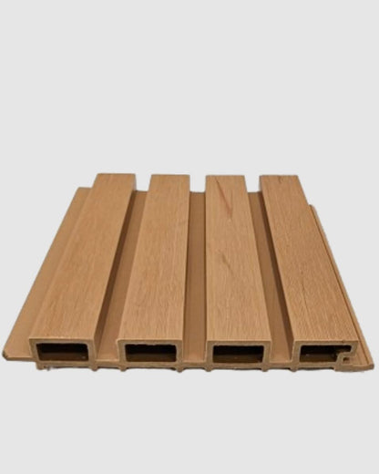 External Cladding in Light Teak 4 Slat by Clads Australia, showing the textured wood finish and slat design for outdoor walls.