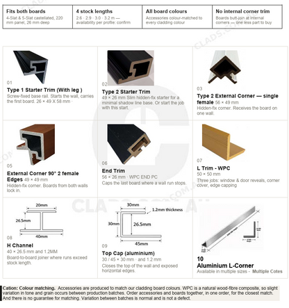 A technical specification and selection guide sheet for wall cladding boards, showing diagrams, dimensions, and color options for starter trims, external corners, end caps, H channel, and L trim.