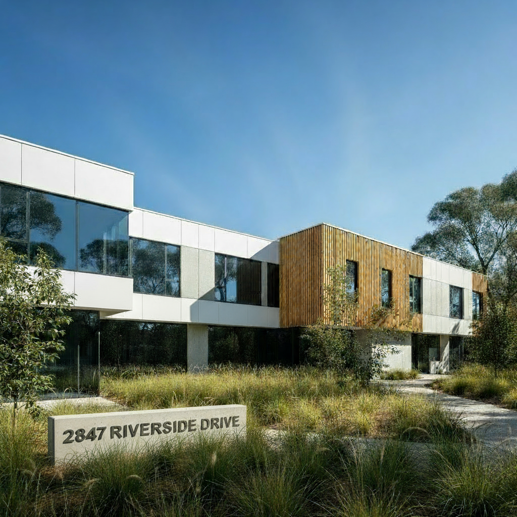 Modern building with a combination of white and wooden exterior, surrounded by greenery under a clear blue sky.