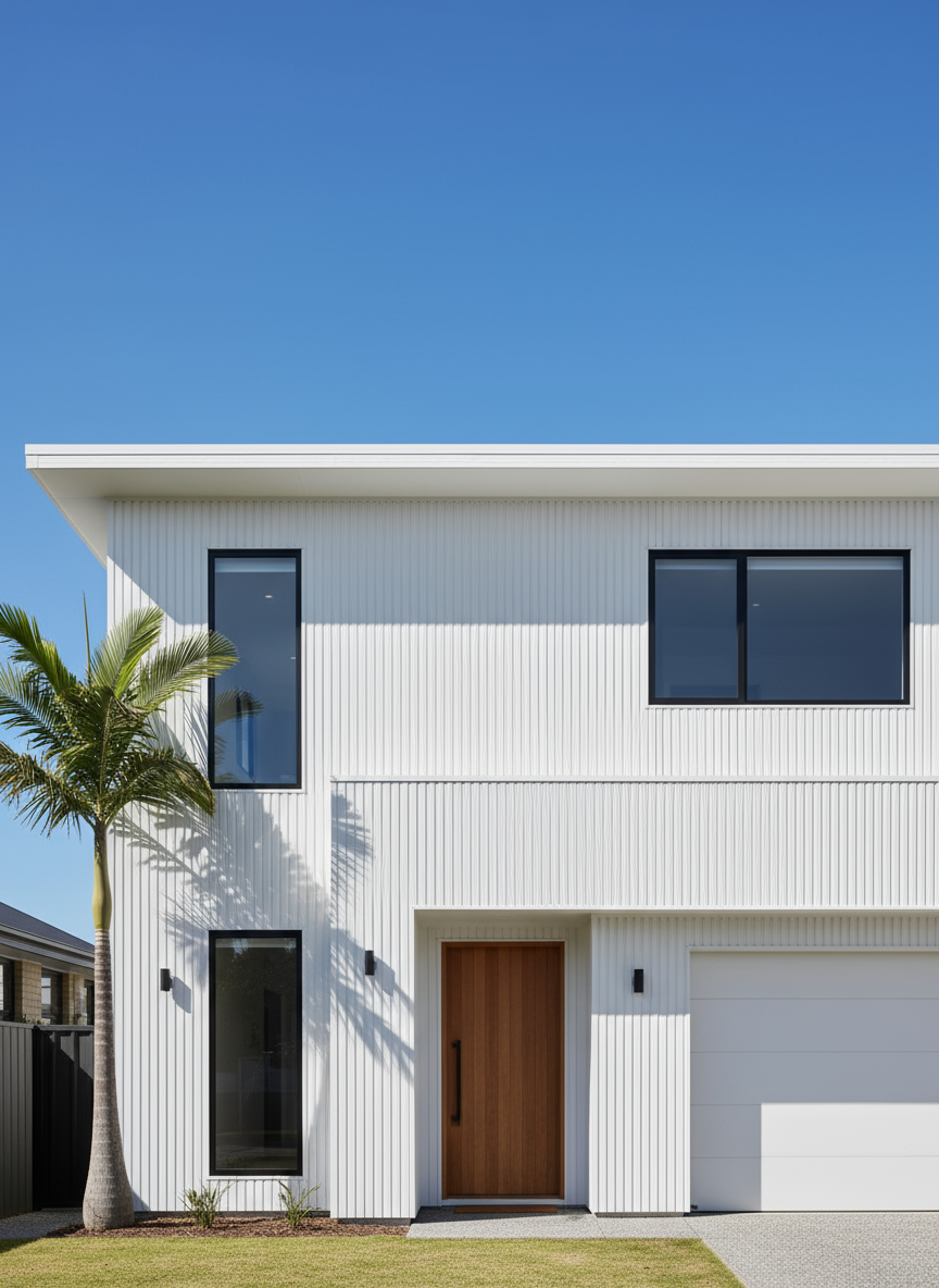 Modern house exterior with white facade, brown door, and black windows against a clear blue sky.