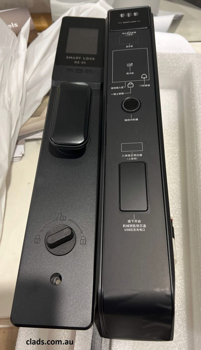 Black Cladding Supplies of Australia Smart Door Lock Model K30 mounted on a door, showcasing modern electronic keyless security.