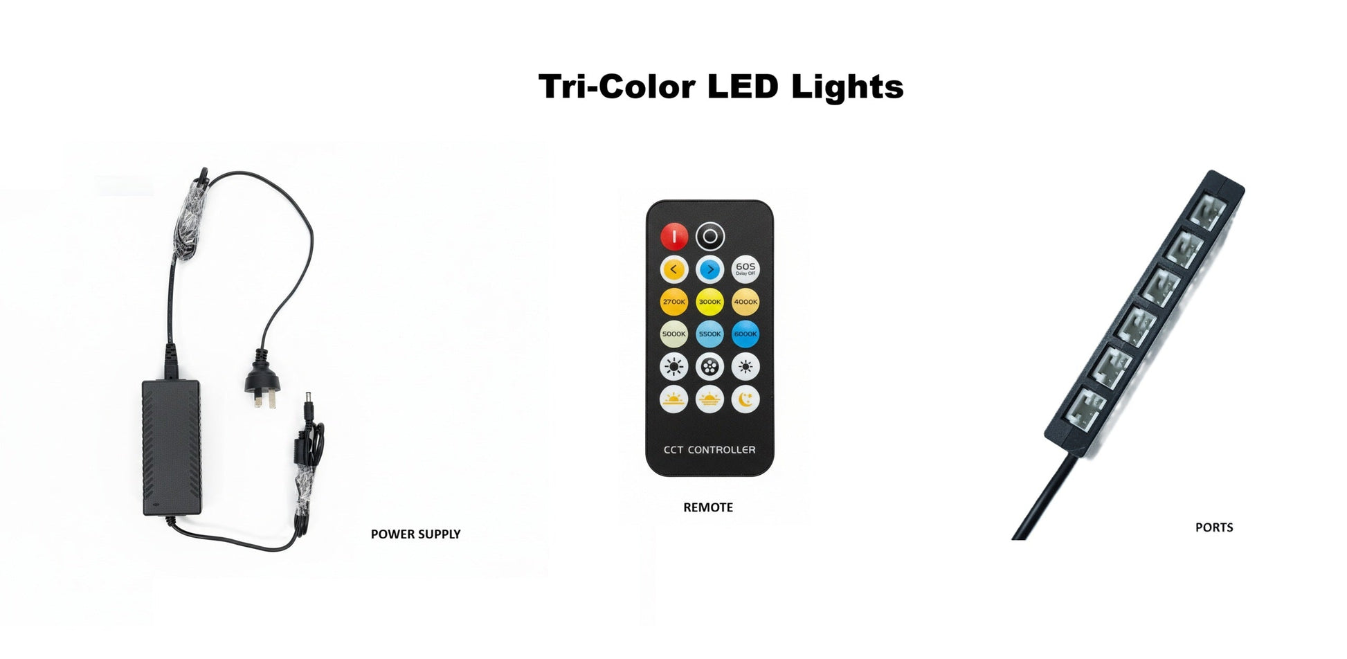 Tri-color LED lights for acoustic panel accessories by Cladding Supplies of Australia, showcasing vibrant lighting options.
