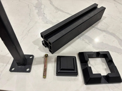 Horizontal WPC cladding post and accessories in natural wood finish, showcasing durable composite materials for exterior siding.