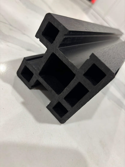 Horizontal WPC cladding post with accessories, showcasing durable composite material and fitting components for outdoor use.