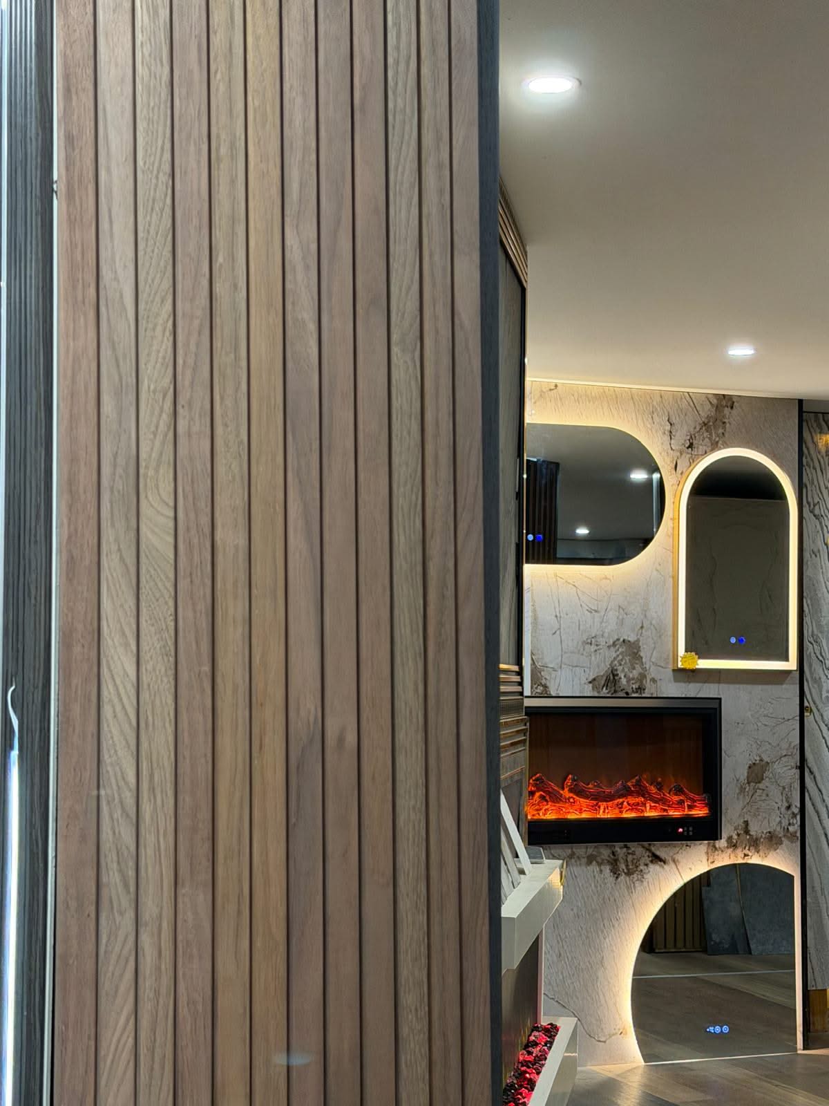 Flexible batten MDF cladding in light walnut oak finish, suitable for internal wall decoration, by Clads Australia