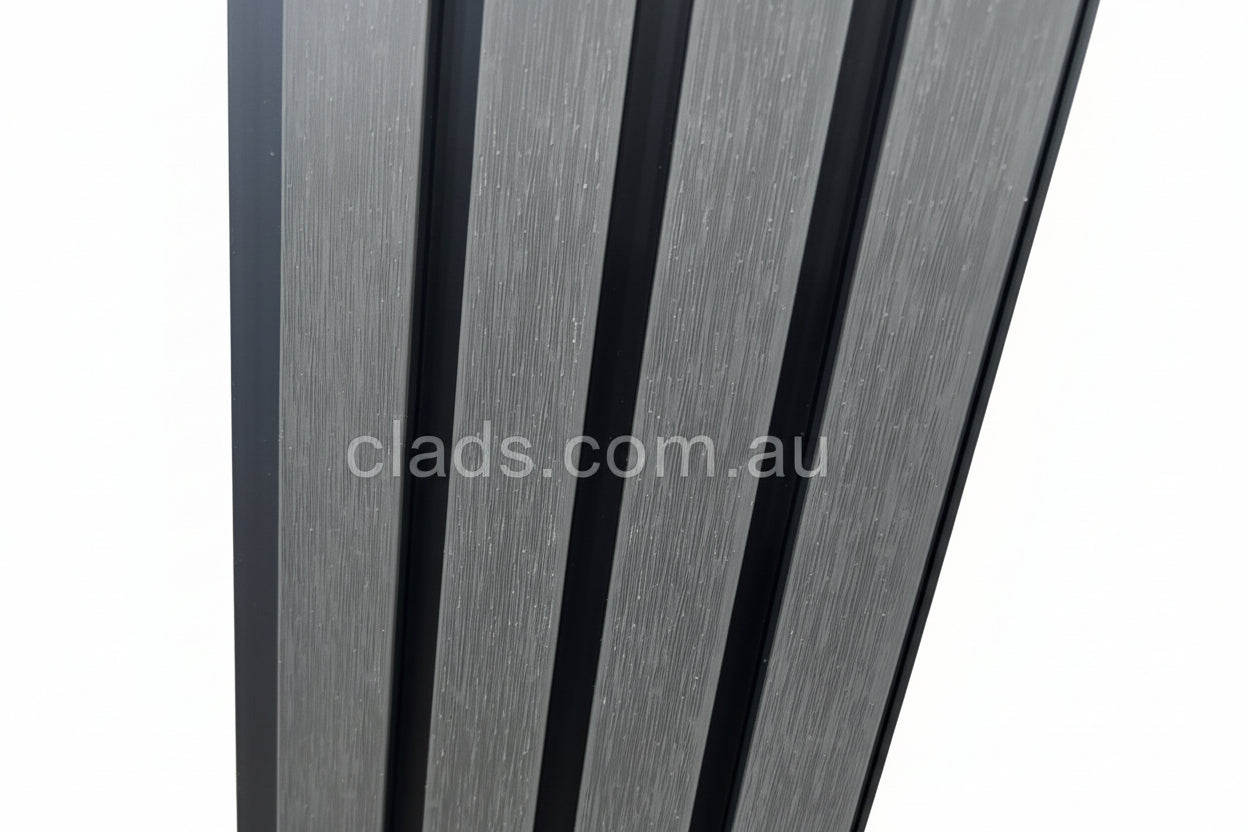 Charcoal grey external half cladding with four horizontal slats, made by Cladding Supplies of Australia.