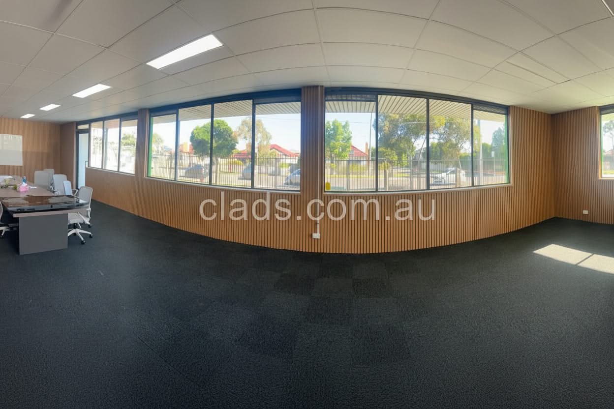 Internal teak cladding with 21mm big flute, four slats, 5.8 meters long, by Cladding Supplies of Australia, showing wood grain detail.