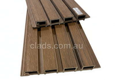 External walnut cladding with four slats from Clads Australia, showcasing natural wood grain and modern exterior design.