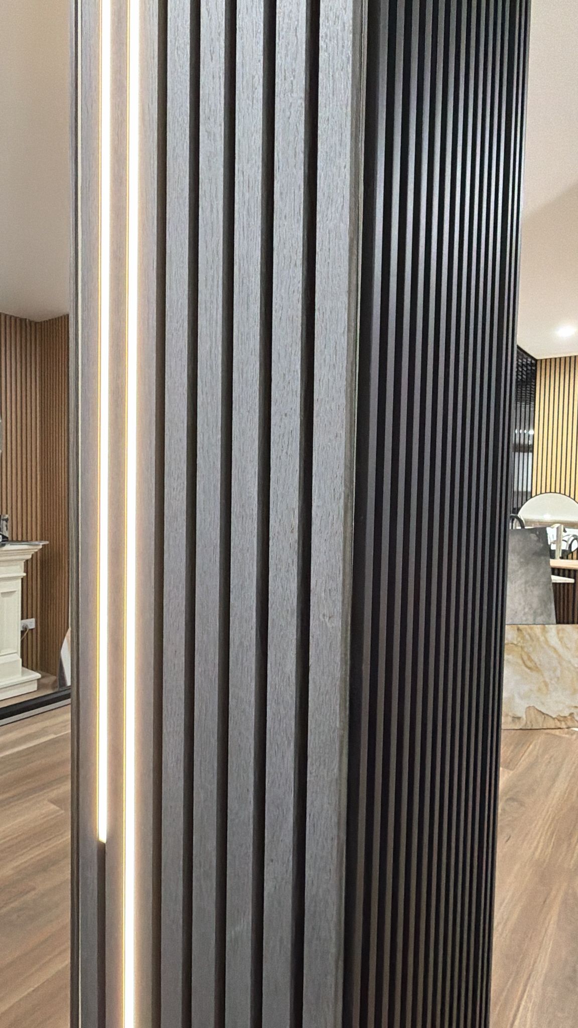 Grey oak acoustic panel, internal cladding by Cladding Supplies of Australia, showing textured grey oak finish for wall installation.
