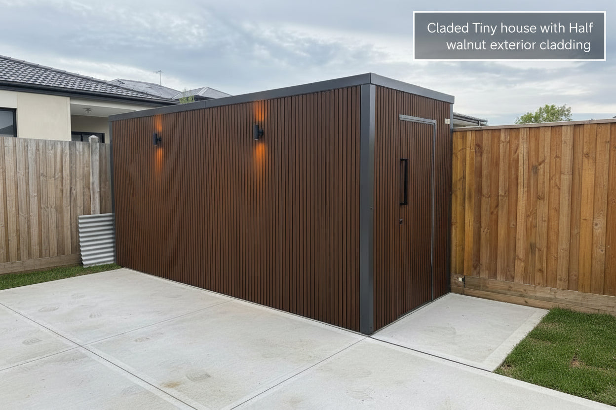 External walnut half cladding with four slats, 3 meters long, from Cladding Supplies of Australia, showing textured wood surface.