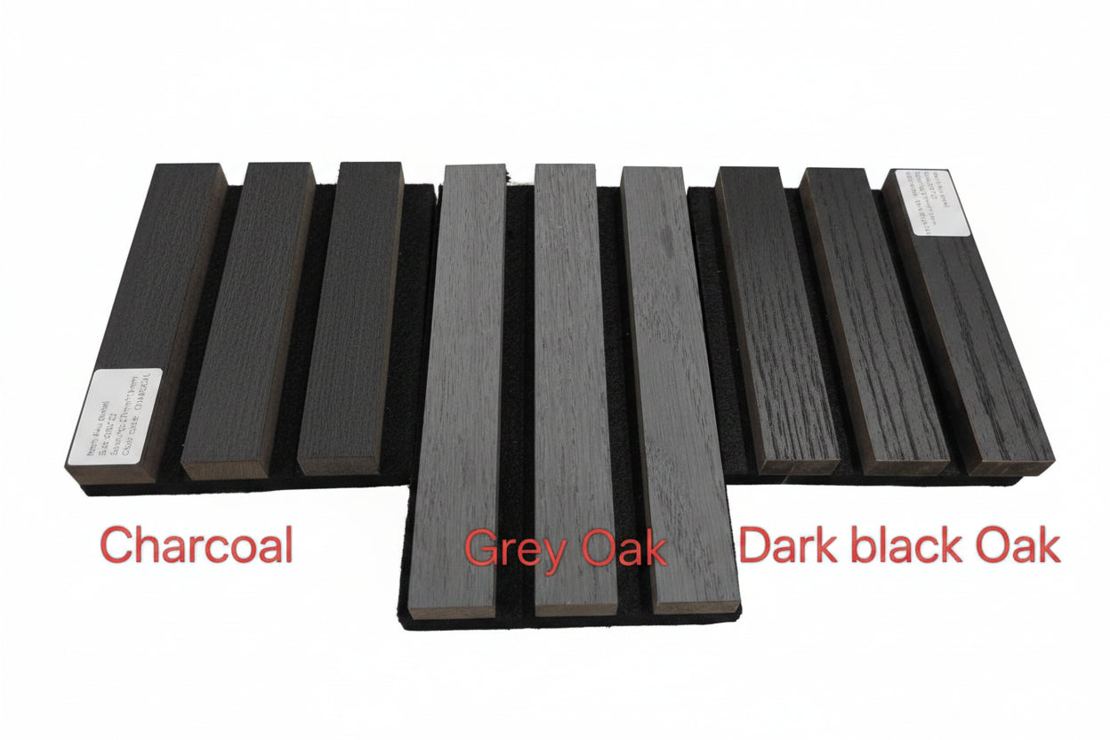 Charcoal-colored acoustic panel used as internal cladding, featuring a textured surface for sound absorption and interior decoration.