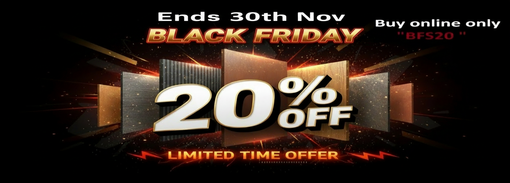 Black Friday sale advertisement with 20% off offer on a dark background