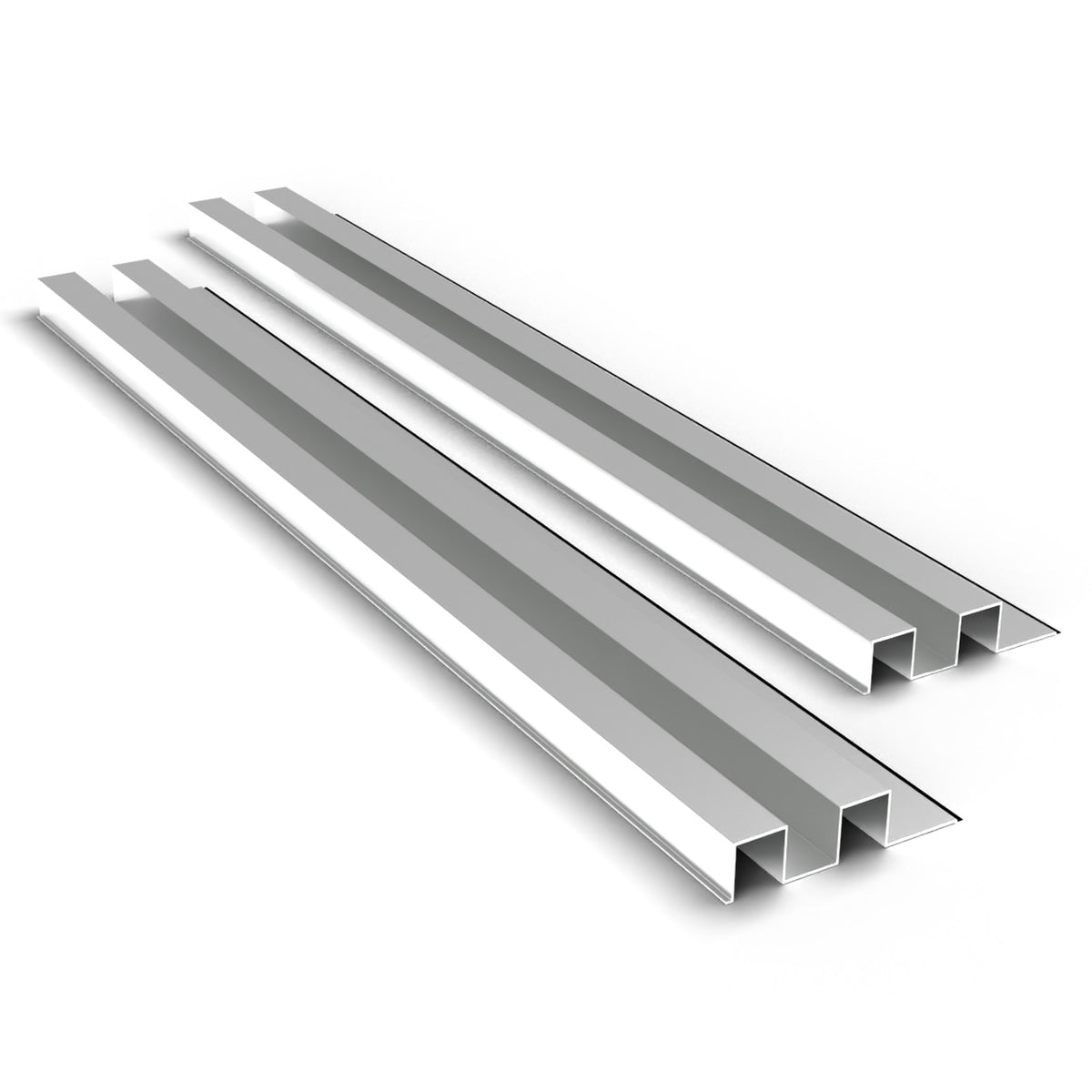 Mill finish aluminium cladding boards by Clads Australia, two-rib profile, studio product photo.