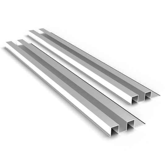 Mill finish aluminium cladding boards by Clads Australia, two-rib profile, studio product photo.