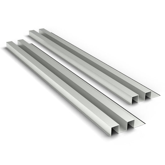 Silver aluminium cladding boards by Clads Australia, two-rib profile, studio product photo.