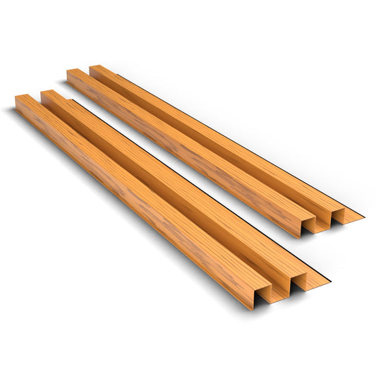 Timber oak aluminium cladding boards by Clads Australia, two-rib profile, studio product photo.