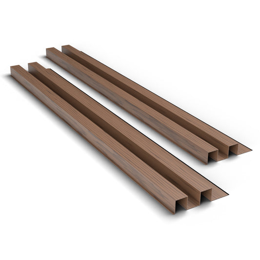Walnut aluminium cladding boards by Clads Australia, two-rib profile, studio product photo.