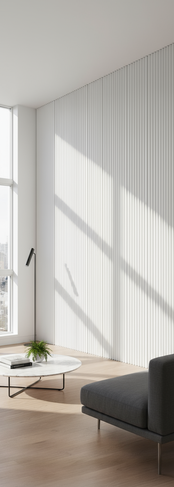 Internal Cladding showing smooth white wooden paneling