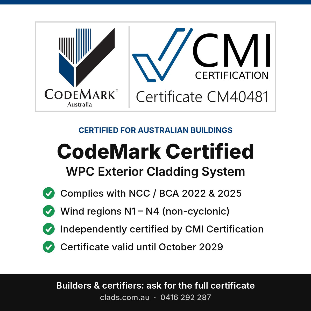 CodeMark certified WPC exterior cladding system – Certificate CM40481, NCC 2022 & 2025, wind regions N1–N4, Clads Australia