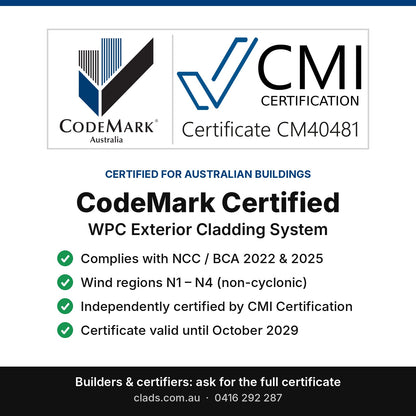CodeMark certified WPC exterior cladding system – Certificate CM40481, NCC 2022 & 2025, wind regions N1–N4, Clads Australia